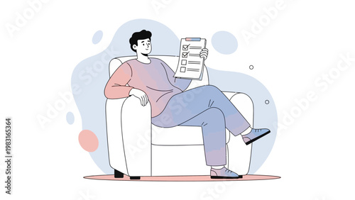 Man sitting on couch with checklist, planning and organizing tasks
