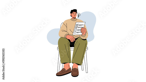 Man sitting on chair holding checklist, thinking about tasks, decision making, planning