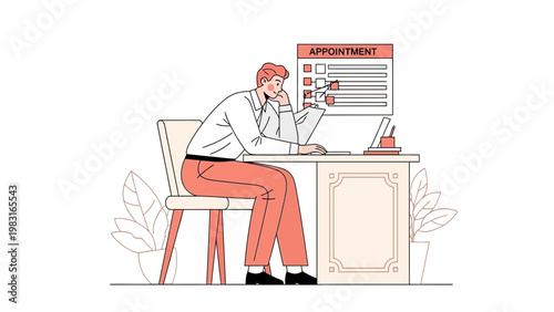 Man working on laptop at desk, checking appointment schedule on calendar