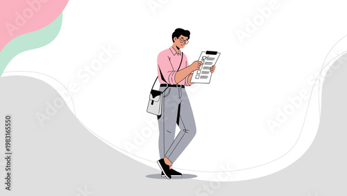 Man with clipboard checking tasks, flat design, business concept