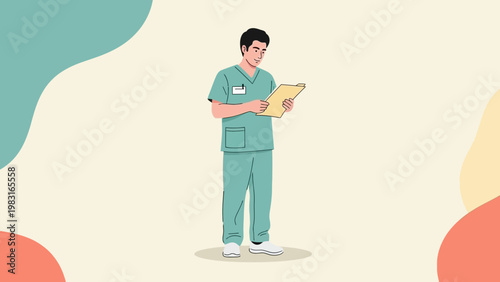 Male Nurse or Doctor in Scrubs Holding Clipboard, Medical Professional Illustration