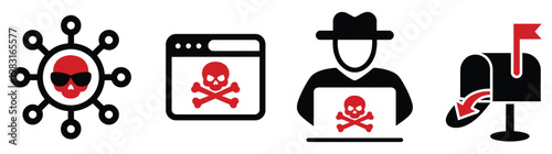 Internet security awareness icon set vector illustration, collection of shield, warning triangle, lock, and alert symbols representing safe browsing, data protection, and scam prevention concepts.