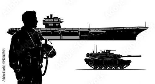 Military Power: Soldier, Aircraft Carrier, and Tank Silhouette