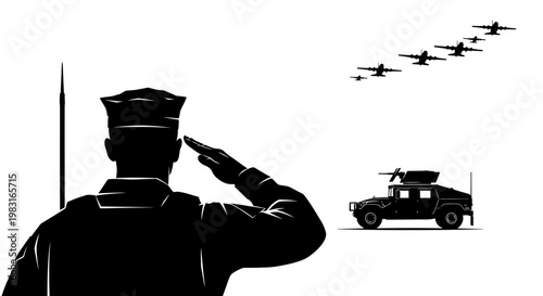 Military Salute: Soldier, Humvee, and Fighter Jets in Formation