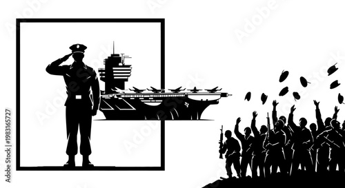 Military Salute to Aircraft Carrier and Soldiers Celebrating Victory