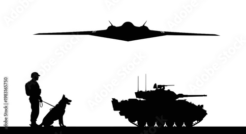Military Scale Comparison: Stealth Jet, Tank, Soldier, and Dog Silhouette
