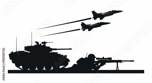 Military Silhouette: Tank, Sniper, Fighter Jets Flying Over White Background