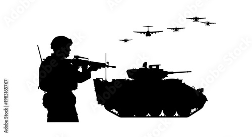 Military Silhouette: Soldier, Tank, and Airplanes in Formation