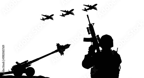 Military Silhouette: Soldier, Artillery, and Airplanes in Formation