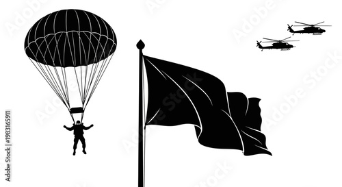 Paratrooper Descends Near Waving Flag and Helicopters, Military Operation Concept