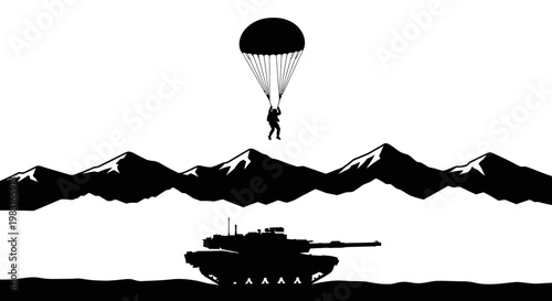 Paratrooper descending over tank and mountains silhouette, military concept