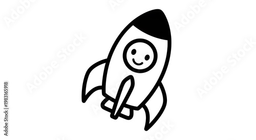 Smiling cartoon rocket ship flying.