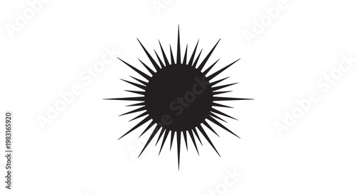Abstract sun or starburst black silhouette with sharp rays and circular center flat vector illustration.