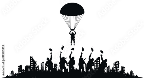Paratrooper Descends on Ruined City, Soldiers Celebrate Arrival