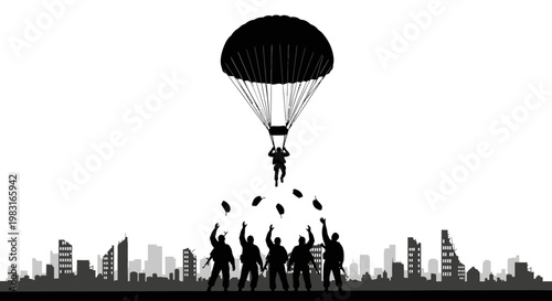 Paratrooper Drops Supplies to Soldiers in Ruined City Silhouette