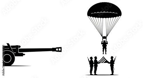 Paratrooper Landing with American Flag and Artillery Gun Silhouette