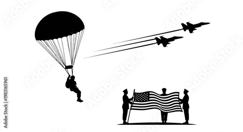 Paratrooper Jumps, Fighter Jets Fly Over American Flag Held by Soldiers