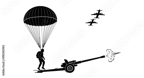 Paratrooper riding a cannon with planes flying overhead