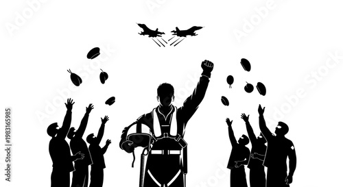 Pilot Celebrates Victory with Fighter Jets and Crowd Cheering