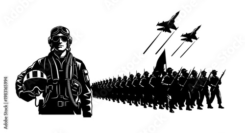 Pilot and Military Parade with Fighter Jets