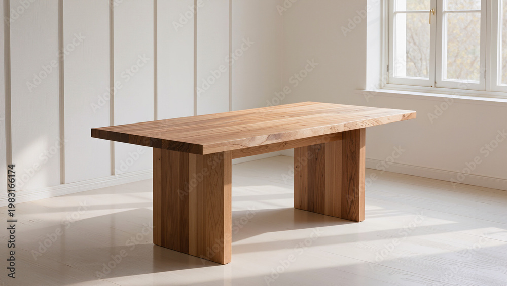 Fototapeta premium Minimalist Solid Oak Dining Table in Bright Sunlit Room