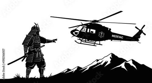 Samurai Warrior Meets Medevac Helicopter in Mountain Landscape