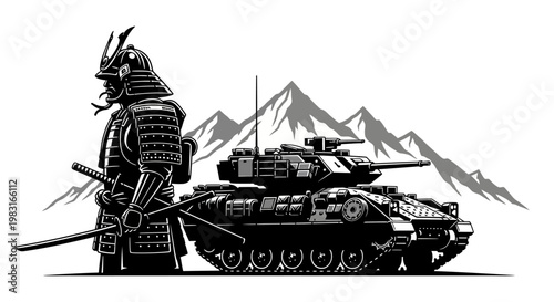 Samurai Warrior Standing Beside Modern Tank with Mountains Background