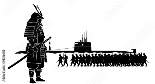 Samurai Warrior Leading Army and Submarine Fleet in Silhouette