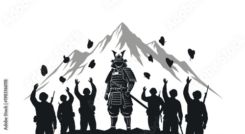 Samurai Warrior Standing Tall Amidst Uprising Crowd and Mountain Landscape