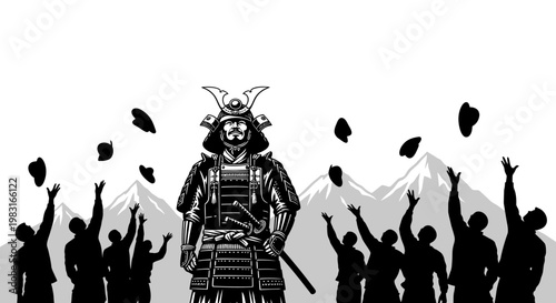 Samurai Warrior Standing Tall Amidst Falling Petals and Adoring Crowd