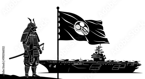 Samurai Warrior Stands Proudly Beside Aircraft Carrier with Japanese Flag