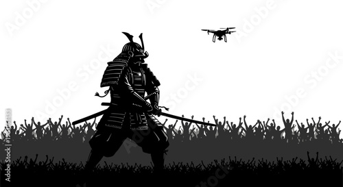 Samurai Warrior with Katana Facing Drone Amidst Cheering Crowd