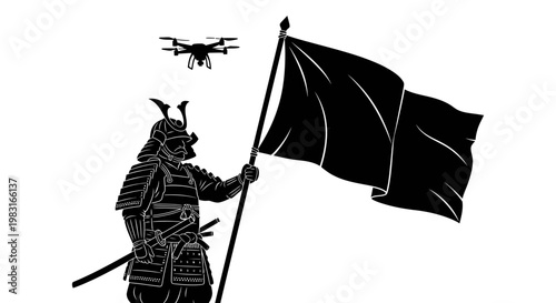 Samurai Warrior with Drone and Black Flag, Symbolizing Modern Warfare and Tradition