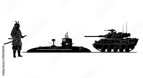 Samurai Warrior, Submarine, and Tank Silhouette - Historical and Modern Warfare Comparison