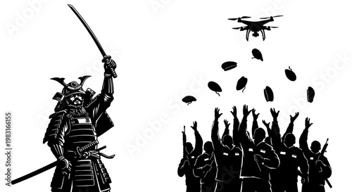 Samurai Warrior with Sword vs Drone Dropping Parachutes to Crowd