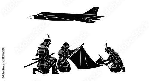 Samurai Warriors Unfurling Flag Beneath Modern Jet Fighter
