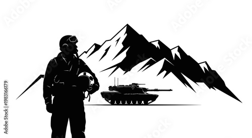 Silhouette of a soldier with a tank and mountains, military concept
