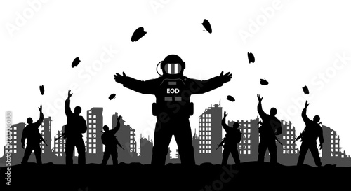 Silhouette of EOD Soldier and Team in Ruined Cityscape, Explosions and Debris