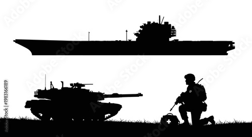 Silhouette of Aircraft Carrier, Tank, and Soldier with Rifle on White Background