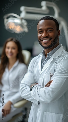 Confident male dentist smiles, arms crossed, female colleague blurred in background.  Modern dental clinic setting