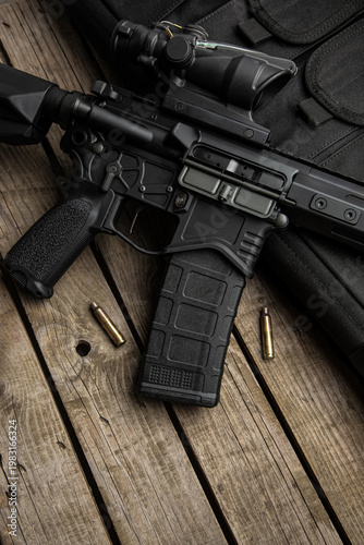 Photography Tactical rifle setup on rustic wood