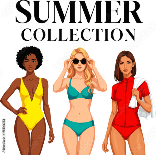 Create a realistic kinds of deferent swimsuit women vector art with white background.
