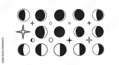 Collection of moon phases and celestial elements with stars and circles.