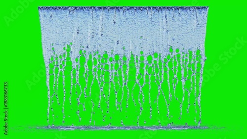 Front view of Dripping Water with a Medium Flow from a large linear source to the ground on a perfect green background