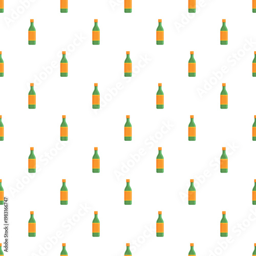 Seamless pattern featuring green bottles with orange labels on a white background