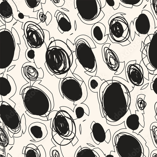 Print Seamless abstract pattern with hand-drawn black ink spots and messy circles. Whimsical minimalist vector illustration for modern wallpaper, trendy textile prints, and surface design