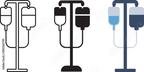 Medical IV drip bag icons, outline, solid silhouette, and color illustration