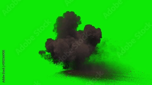 Side view of Missile Strike with floor debris and dust from the ground with smoke dissipation on a perfect green background