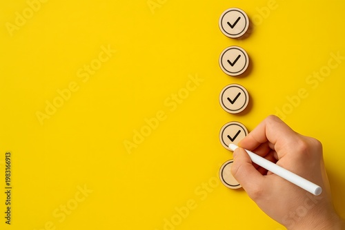 Hand holding a pen marks a checklist on a bright yellow background with four checkmarks.