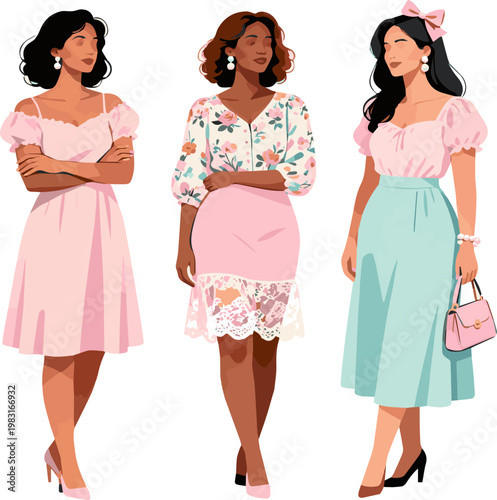 Create a realistic kinds of deferent woman in girly clothing vector art with white background..